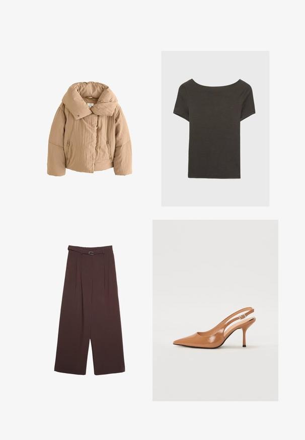 Giubbotto imbottito beige con ampio colletto, tasche laterali con cerniera e tessuto testurizzato. Presenta una chiusura frontale con bottoni automatici e una vestibilità cropped.; Top corto grigio scuro con scollatura a barca. Realizzato in tessuto a costine, presenta una vestibilità rilassata e un orlo pulito. Design semplice, senza motivi.; Stradivarius WIDE-LEG WITH BUCKLE DETAIL  - Pantaloni - dark brown; Tacco slingback a punta affusolata in un materiale tan liscio e lucido. Presenta un design con ritaglio curvo e un sottile tacco a stiletto. Dettaglio con fibbia argentata.