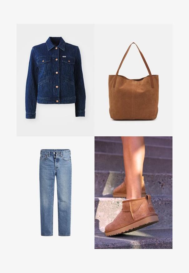 Temno modra denim jakna z teksturiranim vzorcem, opremljena s štirimi sprednjimi žepe in bakrenimi kovinskimi gumbi. Klasičen ovratnik in dolgi rokavi.; Krem pulover s kablom in dolgimi rokavi, žebljarji na manšetah in ob robu, vsebuje majhen izvezen logotip na levem prsnem delu.; Svijetloplave traperice ravnog kroja s pet džepova i dugmetom. Imaju suptilno izbljeđivanje i narančaste detalje šavova.; Svetlosive nobuck gležnjarji z mehko teksturo, všitimi detajli in gumijastim podplatom, z zanko na peti za enostavno obuvanje.; Rjava nubuk torba z dvema dolgima ročajema, ki ima gladko teksturo, preprost dizajn in brez vidnih kovinskih delov ali okrasov.