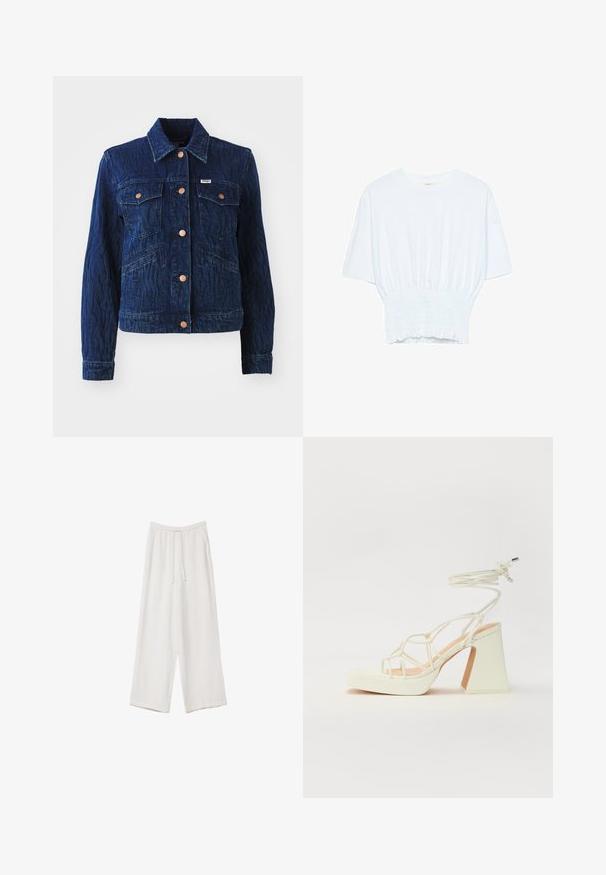 Tamno plavi traper jakna s teksturiranim uzorkom, s četiri prednja džepa i mjedenim gumbima. Klasični ovratnik i dugi rukavi.; Bijela majica kratkih rukava s opuštenim krojem i nabrano teksturom na struku. Izrađena od mekog, laganog materijala.; Bijele hlače širokih nogavica napravljene od lagane tkanine. Imaju elastičan pojas s ušicom i bočne džepove. Glatka tekstura.; Bijela sandala na visokoj potpetici s debelim petom, s remenom i vezanjem oko gležnja. Glatka tekstura s platformom sprijeda za dodatnu visinu.