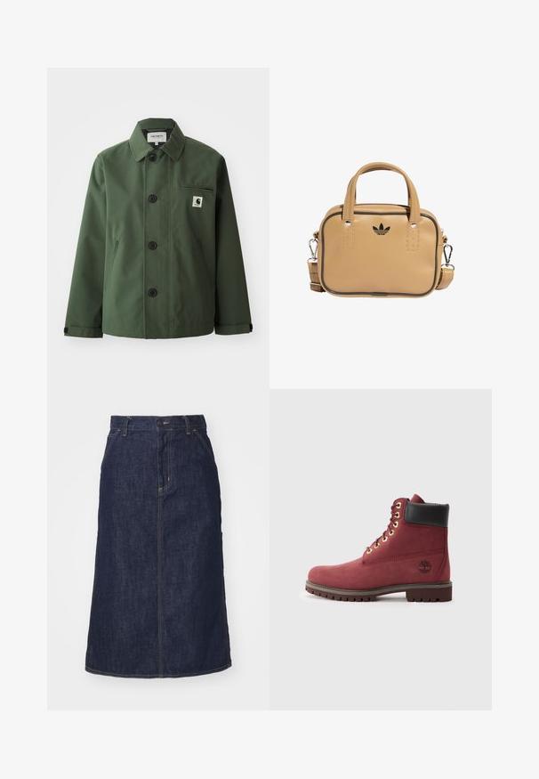 Tumši zaļa jaka, kas izgatavota no gludas auduma ar taisnu piegriezumu, aprīkota ar apkakli, priekšējām pogām, krūšu kabatu un sānu kabatām.; Tumši pelēks jaku ar rāvējslēdzēju, ar kabelveida adījumu, apkakles dizainu un ribotiem piedurknēm un apakšmalu. Iespēja ar sudraba rāvējslēdzēja aizdari.; Melna ribota garām piedurknēm turtleneck džemperis ar pieguļošu siluetu pret vienkāršu baltu fona.; Tumša zila džinsu svārku ar augstu jostasvietu, taisnu piegriezumu, priekšējām kabatām un šuvēm. Iekļauta rāvējslēdzēja un pogas aizdare jostasvietā.; Sarkans zamša potītes zābaks ar melnu ādas apkakli, zelta acīm un izturīgu gumijas zoli. Uz sāna ir logotips.; Dzeltenīgi brūna vegānu ādas soma ar divām rokturēm, noņemamu plecu siksnu, melniem akcentu izšuvumiem un mazu melnu logotipu priekšpusē.