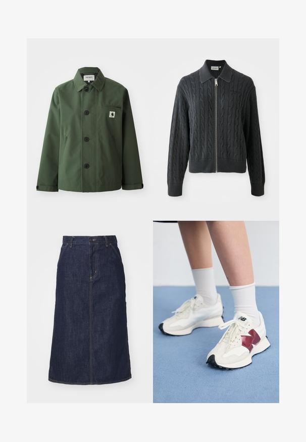 Dark green jacket made of smooth fabric with a straight cut, featuring a collar, front buttons, chest pocket, and side pockets.; Dark gray zip-up sweater with a cable knit pattern, collared design, and ribbed cuffs and hem. Features a silver zipper closure.; Two white cotton t-shirts with short sleeves, round necklines, and a fitted silhouette, displaying a smooth texture and minimalistic design.; Dark denim skirt with a high waist, straight cut, front pockets, and stitched seams. Features a zip and button closure at the waist.; Pair of white sneakers with maroon accents, textured panels, flat black outsole, and light laces, worn with white ankle socks.