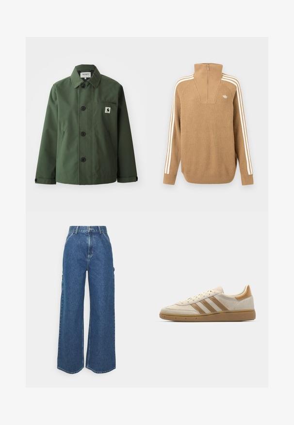 Mørkegrøn jakke lavet af glat stof med lige snit, hvilket inkluderer krave, forknapper, brystlomme og sidelommer.; Brun ribbet sweater med høj krave og lynlås halvvejs, dækket af tre hvide striber langs ærmerne og et lille logo på brystet.; Bredde ben blå denimbukser med høj talje, kontrastsyede sømme og sidelommer, med et klassisk fem-lomme design og rå kanter.; Beige ruskindsneaker med lysebrune detaljer. Har tre brune striber, struktureret gummisål og et rundt tå-design.