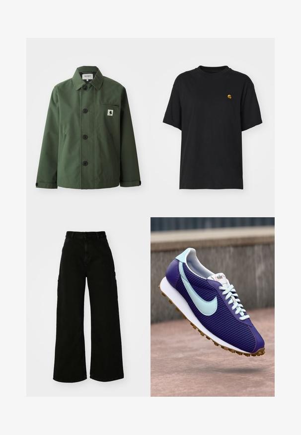 Tamnozelena jakna od glatkog materijala sa ravnim krojem, koja ima ovratnik, prednje dugmadi, džep na prsima i bočne džepove.; Crna pamučna majica s opuštenim krojem. Ima okrugli izrez i kratke rukave. Sadrži mali zlatni izvezeni logo na prsima.; Crne široke cargo hlače od denima, s visokim strukom, prednjim zatvaranjem na dugme i bočnim džepovima. Glatka tekstura s minimalnim šavovima.; Ljubičaste Nike tenisice s svijetloplavim swooshom, bijelim vezicama i gumenom petom, prikazane kako lebde iznad betonske površine na otvorenom.