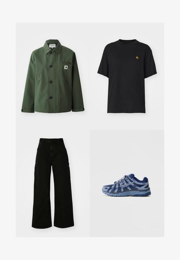 Tmavozelená bunda vyrobená z hladkej látky, so rovnými líniami, obsahujúca golier, predné gombíky, náprsné vrecko a bočné vrecká.; Čierne bavlnené tričko s voľným strihom. Má okrúhly výstrih a krátke rukávy. Obsahuje malé zlaté vyšívané logo na hrudi.; Čierne cargo nohavice s širokými nohavicami vyrobené z denimu, so zvýšeným pásom, predným zapínaním na gombík a bočnými vreckami. Hladký povrch s minimálnym šitím.; Modrá a šedá športová obuv s kombinovaným zvrškom z sieťoviny, gumovou podrážkou a vrstveným dizajnom s reflexnými akcentmi. Názov modelu: P-6000.