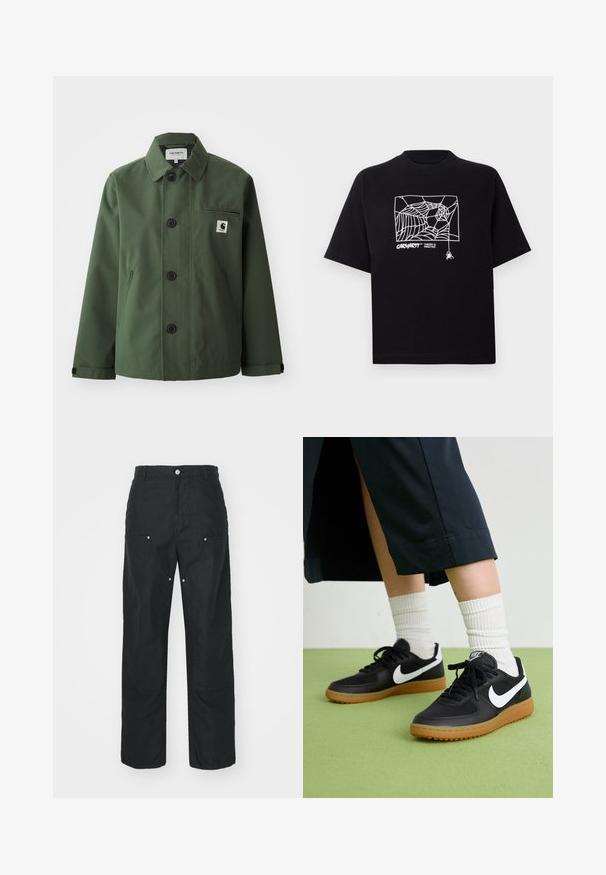 Dark green jacket made of smooth fabric with a straight cut, featuring a collar, front buttons, chest pocket, and side pockets.; Black T-shirt made of cotton with short sleeves. Features a white spider web graphic and logo on the front. Simple rounded neckline.; Black trousers with a straight-leg design, made of a textured fabric. Features decorative silver hardware and unique seam detailing.; Black leather and synthetic sneakers with white Nike swoosh, rubber gum sole, round toe, and black laces. Ribbed white socks visible.