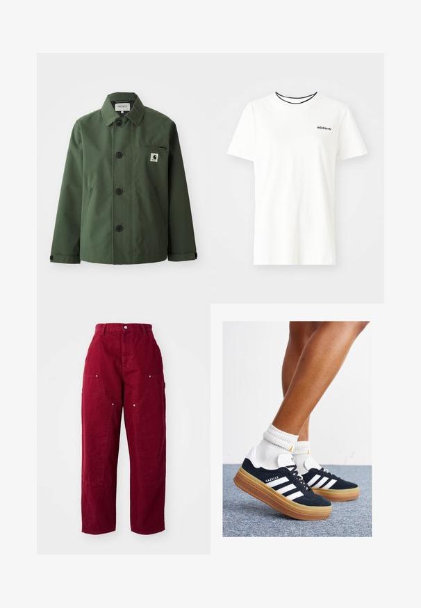 Mörkgrön jacka i slätt tyg med rak skärning, försedd med krage, framknäppning, bröstficka och sidfickor.; Vit bomullströja med korta ärmar och rund halsringning. Har en svart Adidas-logotyp på bröstet och en kontrasterande svart innerkrage.; Vinröda vida byxor i bomull, med två stora sidofickor, knappstängning och en avslappnad passform med synliga sömdetaljer.; Svarta sneakers i mocka med vita ränder och detaljer, rundad tå, yttersula i gummiblandning, kombinerade med vita ribbade crew-strumpor.