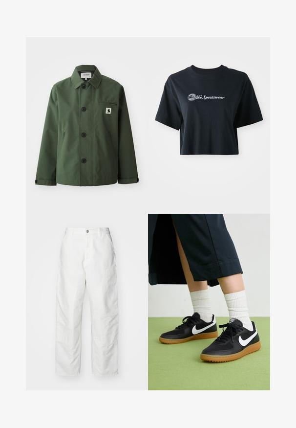Sötétzöld kabát sima anyagból, egyenes szabású, hímzett gallérral, elől gombokkal, mellzsebbel és oldalzsebekkel.; Rövid ujjú, cropped fekete pamut póló, fehér "Vice Sportswear" felirattal és kör alakú grafikával az elején.; Fehér kantáros nadrág denim anyagból, laza szabással, oldalsó zsebekkel és látható varrási részletekkel. Egyszerű elülső rész gombos záródással.; Fekete bőr és szintetikus sneakers, fehér Nike logo-val, gumi talppal, kerek orral és fekete fűzővel. Csíkos fehér zokni látható.
