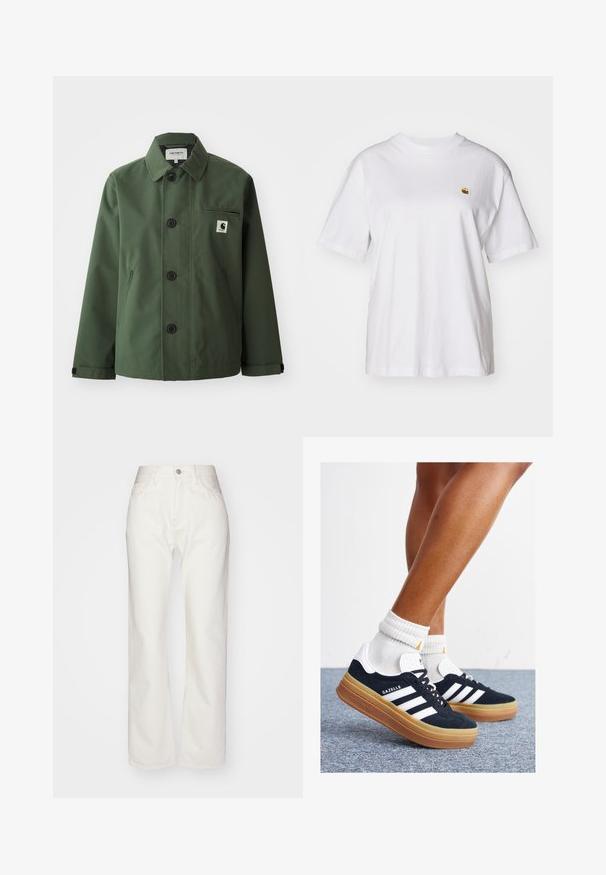 Mørkegrøn jakke lavet af glat stof med lige snit, hvilket inkluderer krave, forknapper, brystlomme og sidelommer.; Hvid bomulds-t-shirt med en afslappet pasform, korte ærmer og et lille broderet logo på venstre brystområde.; Hvide denimbukser med høj talje og bred benpasform. Har en knap- og lynlåslukning, bæltesløjfer og subtile syninger.; Sorte sneakers i ruskind med hvide striber og detaljer, rundet tå, ydersål i gummi, kombineret med hvide ribstrikkede crew sokker.