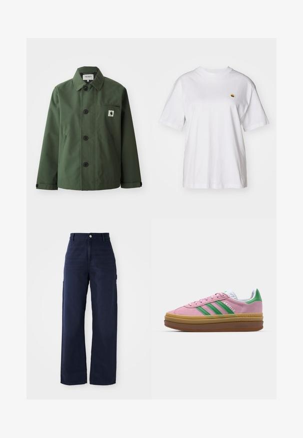 Donkergroen jack gemaakt van soepele stof met een rechte snit, voorzien van een kraag, knopen aan de voorkant, een borstzak en zijzakken.; Witte katoenen t-shirt met een relaxte pasvorm, korte mouwen en een klein geborduurd logo op de linkerborst.; Navy blauwe wijde cargobroek van stevige katoen, met zijzakken en een knoopsluiting in de taille.; Roze suede sneakers met groene strepen, witte accenten en een bruine rubberen zool. Heeft een gestructureerde stof en logodetails aan de zijkant.