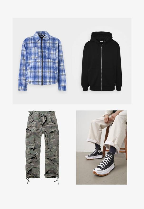 Giacca a quadri blu con zip frontale, due tasche sul petto e colletto strutturato. Realizzata in tessuto testurizzato con dettagli bianchi e neri.; Felpa nera con zip e cappuccio regolabile, tasche frontali, polsini a costine e una texture di stoffa liscia. Etichetta centrale del brand visibile all'interno.; Maglietta bianca in cotone con maniche corte, scollatura rotonda, vestibilità comoda e senza loghi o motivi visibili. Texture liscia e design minimale.; Pantaloni cargo mimetici in verde e grigio, con numerose tasche, vita elasticizzata, polsini regolabili e una vestibilità rilassata.; Sneaker alte nere con lacci bianchi e puntale in gomma. Suola bianca spessa con suola esterna marrone strutturata, indossate con calze a righe blu navy.