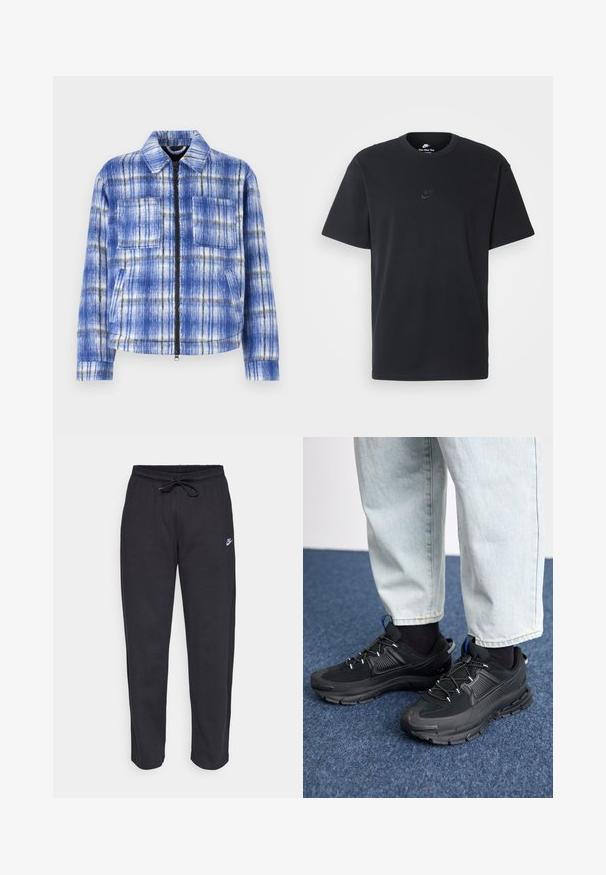 Jachetă în carouri albastre cu fermoar în față, două buzunare pe piept și guler structurat. Fabricată dintr-un material texturat cu accente albe și negre.; Tricou din bumbac negru Nike, cu guler rotund clasic, mâneci scurte și un logo subtil embosat pe piept. Textură netedă.; Pantaloni de trening negri dintr-un material moale, cu talie elastică, șnur de ajustare și un mic logo Nike pe coapsa stângă.; Pantofi sport negri, cu țesătură texturată și tălpi din cauciuc, având șireturi elastice și un accent albastru pe toc. Purtați cu pantaloni din denim deschis.