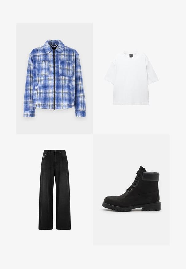 Niebieska kurtka w kratę z zamkiem z przodu, dwiema kieszeniami na piersi i usztywnionym kołnierzem. Wykonana z teksturowanej tkaniny z białymi i czarnymi akcentami.; Biała krótka koszulka z krótkim rękawem, wykonana z bawełny, z okrągłym dekoltem i luźnym fasonem oraz prostym dołem. Bez wzorów ani ozdób.; Szerokie czarne dżinsy z wysokim stanem, z czterema kieszeniami i małą metką z logo z przodu. Gładka tekstura, podstawowy fason.; Czarne botki na kostkę z wiązaniem, z wyściełanym kołnierzem i solidną podeszwą, pokazane w profilu na białym tle.