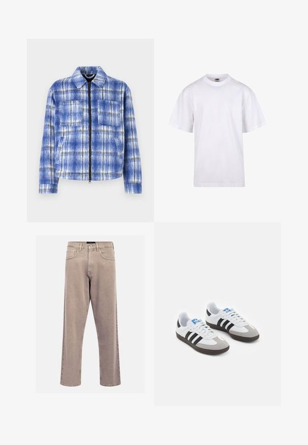 Plavi karirani sako s patentnim zatvaračem sprijeda, dva džepa na prsima i strukturiranim ovratnikom. Izrađen od teksturirane tkanine s bijelim i crnim akcentima.; Bijela pamučna majica s okruglim izrezom, kratkim rukavima i opuštenim krojem. Ima jednostavan dizajn bez uzoraka ili akcenta.; Bež traperice ravnog kroja, klasičnog petotocketnog dizajna, sa šivenim detaljima i urednim rubom.; Sportske cipele s gornjištem od bijele kože, sivi suedinasti nos i tri crne pruge. Imaju plavi logo na jeziku i teksturiranu gumenu podlogu.