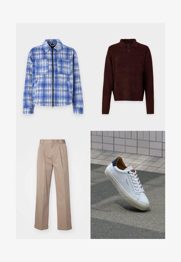Chaqueta a cuadros azul con cierre delantero, dos bolsillos en el pecho y un cuello estructurado. Fabricada con un tejido texturizado con detalles en blanco y negro.; Pulóver marrón de punto con cuello polo, tres botones en el cuello y mangas largas. Textura suave, puños y dobladillo acanalados.; Pantalones beige de cintura alta con diseño de pierna ancha. Presentan dos pliegues frontales y una textura suave. Largo estándar con un acabado limpio.; Zapatilla de cuero blanca con talón en azul marino, punta redonda y acentos en marrón a contraste. Presenta cordones planos y suela de goma texturizada.