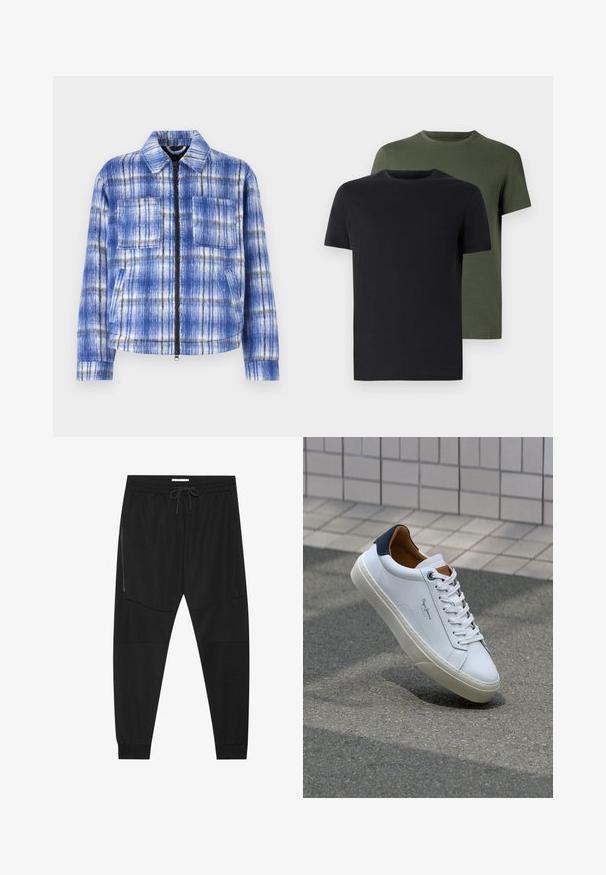 Modrý kostkovaný sako se zipem vpředu, dvěma hrudními kapsami a strukturovaným límcem. Vyrobeno z texturované tkaniny s bílými a černými akcenty.; Dvě trička s kulatým výstřihem v černé a olivově zelené barvě, vyrobená z měkké bavlny. Design je jednoduchý s krátkými rukávy a rovnými střihy.; Černé sportovní kalhoty vyrobené z texturované tkaniny, s nastavitelným pasem, boční kapsou na zip a siženými manžetami.; Bílé kožené tenisky s námořnickým podpatkem, kulatou špičkou a kontrastními hnědými detaily. Obsahují ploché tkaničky a texturovanou gumovou podrážku.