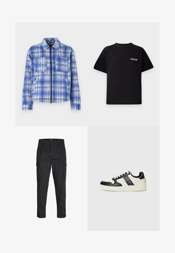 Modra karirana jakna z zadrgo spredaj, dvema prsnikoma in strukturiranim ovratnikom. Narejena iz teksturirane tkanine z belimi in črnimi detajli.; Črna bombažna majica s krožno ovratnikom, kratkimi rokavi in majhnim belim logotipom na levem prsnem delu. Preprost dizajn, klasičen kroj.; Črne cargo hlače iz trdnega blaga, ki imajo več žepov, gumbasto zapiranje in ozek kroj z zožanimi nogami.; Usnjeni športni čevlji z črno in krem barvno shemo, ki vključujejo perforirane dodatke, podložen ovratnik in strukturirano podplat.