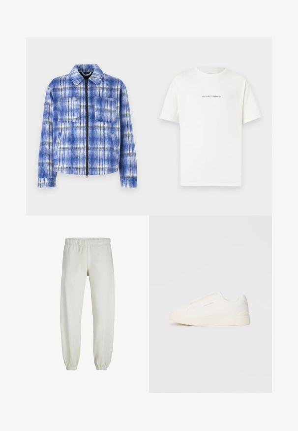 Giacca a quadri blu con zip frontale, due tasche sul petto e colletto strutturato. Realizzata in tessuto testurizzato con dettagli bianchi e neri.; T-shirt bianco in cotone con maniche corte e colletto a girocollo. Il testo centrato recita "BENVENUTO IN PARADISO" in un font verde curvo.; Pantaloni tuta bianchi realizzati in tessuto morbido, dotati di vita e polsini elastici, con una texture liscia e una vestibilità ampia.; Sneakers bianchi slip-on con superficie texturizzata, suola spessa e design minimalista. Presentano il logo del marchio sul lato.