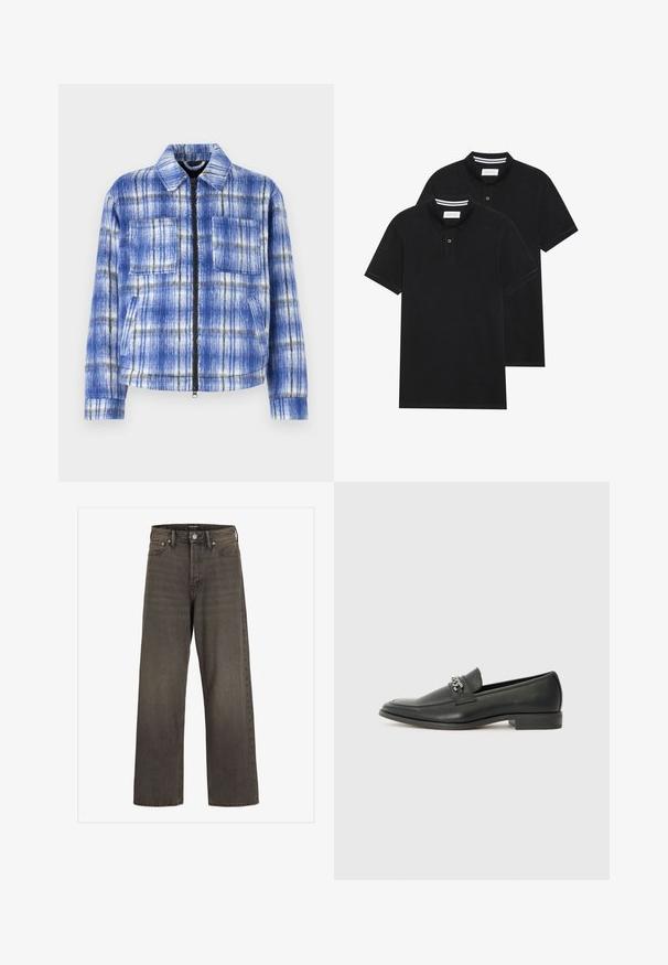 Blue plaid jacket with a zip front, two chest pockets, and a structured collar. Made from textured fabric with white and black accents.; Two black polo shirts, short-sleeved, cotton material, featuring a classic collar, two-button placket, and white striped accents inside the collar.; Wide-leg jeans in dark grey denim, featuring a high waist, classic five-pocket design, and contrasting stitching along the seams.; Black leather loafer with a smooth finish, featuring a stitched design and a decorative metal chain accent across the vamp. Flat heel.