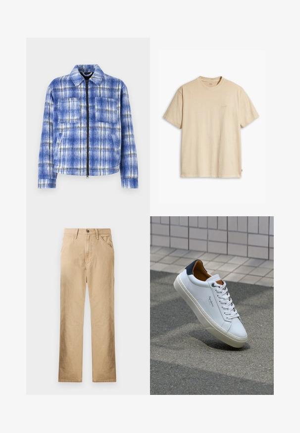 Zila raibā jaka ar rāvējslēdzēja priekšpusi, divām krūšu kabatām un strukturētu apkakli. Izgatavota no teksturēta auduma ar baltām un melnām akcentiem.; Bežs kokvilnas T-krekls ar apaļu apkakli un īsām piedurknēm. Priekšpusē ir smalka "Levi's" logo tajā pašā krāsā. Mīksta tekstūra.; Beige kokvilnas bikses ar taisnu kāju dizainu, priekšējiem kabatām un pogu aizdari. Gluda tekstūra, minimālas šuvju detaļas.; Baltas ādas čības ar tumši zilu papēdi, apaļu purngalu un kontrastējošām brūnām detaļām. Aprīkotas ar plakanu auklu un struktūrētu gumijas zoli.