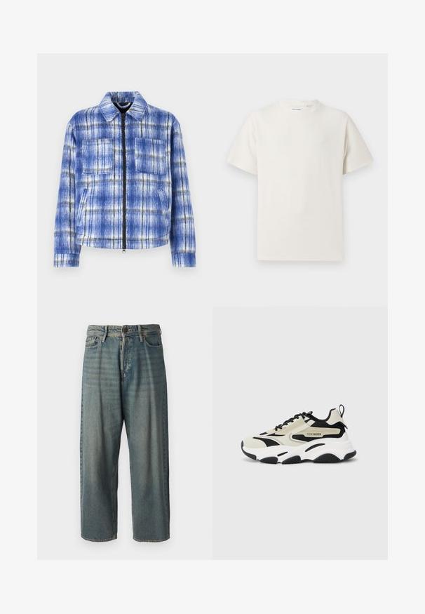 Blue plaid jacket with a zip front, two chest pockets, and a structured collar. Made from textured fabric with white and black accents.; White short-sleeve T-shirt in a ribbed texture. Round neckline, relaxed fit, no visible patterns or accents. Simple and versatile design.; Light blue denim jeans with a loose fit, mid-rise waist, and straight legs. Features five pockets, belt loops, and a button closure.; Chunky sneaker with a beige and black mesh upper, white midsole, black rubber outsole, and logo detailing on the side.