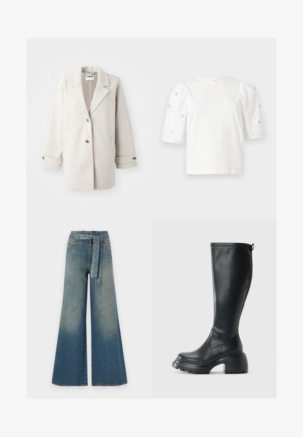 Abrigo de lana gris claro con solapas oversized, dos botones, puños enrollados y bolsillos laterales. Textura suave, corte relajado y diseño minimalista.; Camiseta de algodón blanca con mangas cortas tipo globo, que presenta pequeños adornos plateados en las mangas. Cuello redondo clásico, corte holgado.; Pantalones de mezclilla de pierna ancha con un degradado de azul claro a oscuro, cintura alta, trabillas para cinturón y un cinturón de tela a juego. Acabado de mezclilla texturizada.; Bota alta de cuero negro con suela de plataforma gruesa y tacón cuadrado, que cuenta con una lengüeta y un relieve texturizado en la suela exterior.
