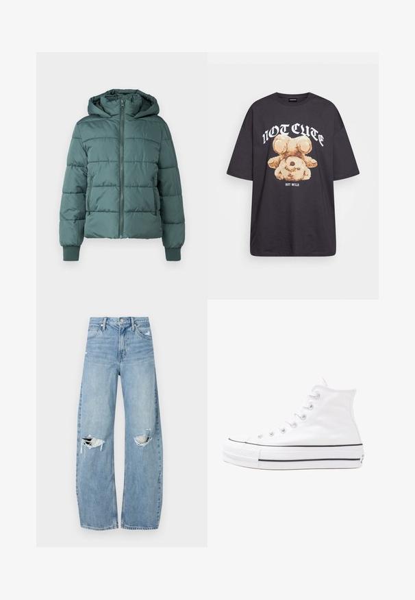 Pufasta jakna v temno zeleni barvi, z zadrgo spredaj, kapuco, stranskimi žepi in rebrastimi manšetami. Mehak, prešit material z vodoravnimi šivi.; Črna oversized majica s kratkimi rokavi, na kateri je grafika medveda z besedilom „NI SRČKAN VKLJUČNO Z DIVJIM“ v poudarjenem belem tisku. Material: bombaž.; Svijetloplave traperice visoki struk. Imaju široke nogavice, dva poderana područja na koljenima i klasičan petotoksi stil.; Beli visoki platneni športni čevelj z črnim gumijastim podplatom, sprednjim gumijastim zaščitnikom za prste in šestimi luknjicami za vezalke, ki se ponaša s preprostim, minimalističnim dizajnom.