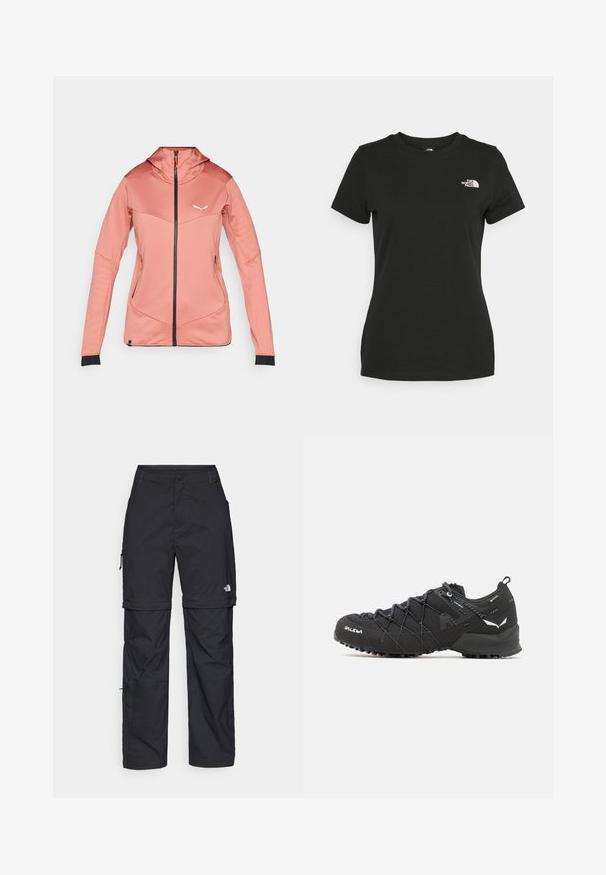 Roosa jakk, millel on lukuga esikülg, kapuuts ja kontrastsed mustad mansetid. Omab paneelide detailimist ja peent logo rinnal. Valmistatud tekstuurilisest kangast.; Mustvalge puuvillane t-särk, millel on ümber kaeluse lõige ja lühikesed varrukad. Märkimisväärne valge logo vasakul ülal nurgas. Sile tekstuur, mugav lõige.; Mustad nailonist valmistatud eemaldatavad cargo-püksid, reguleeritavate pahkluudega, mitmete taskutega ja paremal jalal logoga. Sile, kerge tekstuur.; Mustad matkajalatsid tekstuurse kangas ülaosaga, sidumisüsteemiga ja jäiga kummitaldiga. Kaunistatud peegeldavate detailide ja logodega.