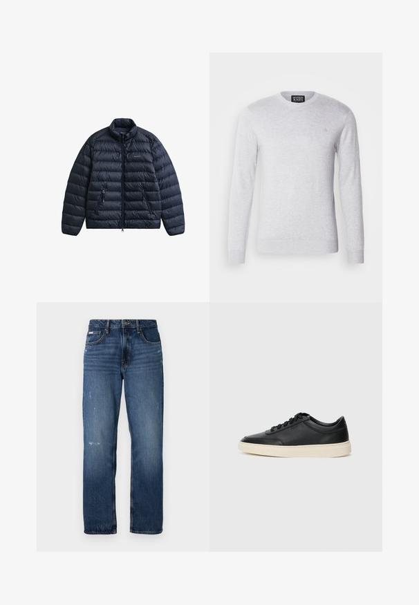 Navy blue puffer jacket with a high collar, front zip closure, and two side pockets. Features quilted pattern and logo on the chest.; Light gray knitted sweater with long sleeves, round neckline, and a small logo embroidered on the chest. Soft texture, casual design.; Blue denim jeans with a straight leg design. Features faded areas and light distressing on the front, with a classic button closure.; Black low-top leather sneaker with black laces and off-white sole shown in side profile on white background.