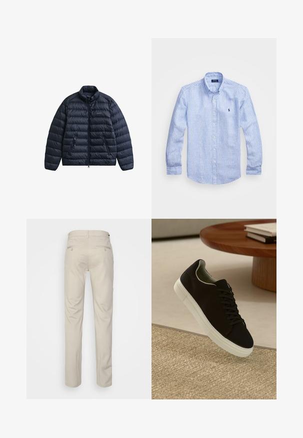 Veste matelassée bleu marine avec col montant, fermeture éclair à l'avant et deux poches latérales. Comprend un motif matelassé et un logo sur la poitrine.; Chemise à rayures bleues et blanches à manches longues en coton, dotée d'un col boutonné, de boutons sur le devant et d'un petit logo brodé sur la poitrine.; Pantalon beige avec une texture lisse, coupe droite, deux poches arrière avec boutons, et une taille standard.; Baskets noires avec semelle blanche flottant au-dessus d'un tapis texturé beige, près d'une table en bois ronde avec des livres empilés.