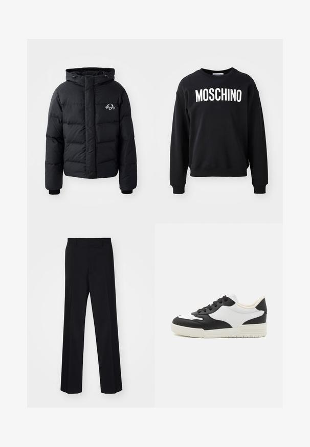 Black puffer jacket with a hood, featuring a quilted design, elastic cuffs, and a chest logo. Made of a smooth, water-resistant material.; Black sweatshirt made from soft fabric featuring a round neckline and ribbed cuffs. Prominent white "MOSCHINO" logo across the front.; Black tailored trousers with a wide-leg design, featuring a smooth texture and sharp creases, made from a woven fabric.; Black and white sneaker with a smooth leather upper, rounded toe, and flat rubber sole. Features black laces and soft inner lining.