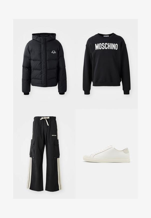 Must väljakutsete sätetele lõhelise disainiga must puhvrjakker, kapuutsiga, elastsete mansettidega ja rinnal logo. Valmistatud siledast, veekindlast materjalist.; Mustast sweatshirt pehmest kangast, ümar kaelus ja soonikud varrukkates. Ees silmatorkav valge "MOSCHINO" logo.; Mustad mustar püksid elastse vöökoha ja nööriga, kreemivärvi külgedel, mitme taskuga ning logo detailiga ees.; Valge nahast sneaker, millel on sile pind, ümar varvas ja minimalistlik disain. Omab beeže aktsente kontsas ja kummist tallat.