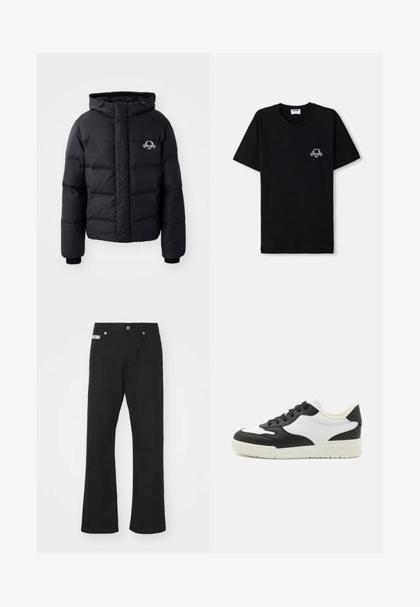 Čierna prešívaná bunda s kapucňou, ktorá má elastické manžety a logo na hrudníku. Vyrobená z hladkého, vodoodolného materiálu.; Čierne bavlnené tričko s okrúhlym výstrihom. Má malý biely grafický dizajn na hrudi. Krátke rukávy a rovný lem.; Čierne bavlnené nohavice s rovnými nohavicami, zakončené predným zapínaním na gombík, dvoma bočnými vreckami a malou značkovou nášivkou na páse.; Čierno-biele tenisky s hladkým koženým zvrškom, zaoblenou špičkou a plochou gumovou podrážkou. Obsahujú čierne šnúrky a mäkké vnútorné podšívky.