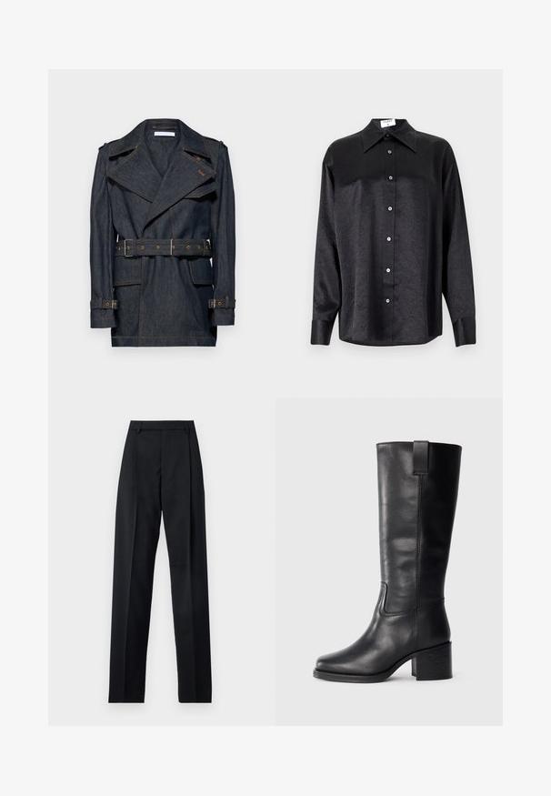 Denim trench coat with wide lapels, cropped sleeves, and a belted waist. Features contrast stitching and large front pockets.; Black long-sleeve shirt with a collared neckline, featuring a crinkled texture, full button front, and cuffs. Made from a smooth fabric.; Black trousers made from smooth fabric featuring a high waist, wide legs, front pleats, and classic belt loops. No side pockets visible.; Black leather knee-high boots with a smooth texture, square toe, block heel, and side pull tab, featuring minimal stitching details.