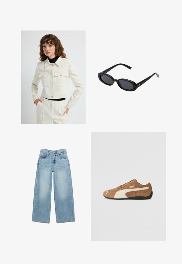 Cropped cream jacket with two front pockets, gold buttons, and a classic collar. Paired with high-waisted tailored pants. Smooth texture.; Gray V-neck sweater with long sleeves, made of soft material. Features a ribbed hem and cuffs, uniform texture without patterns.; Plain white short-sleeve crew neck t-shirt with a slim fit, displayed flat against a white background.; Light blue wide-leg jeans with a high waist, two front pockets, a zipper fly, and a fabric tie closure at the waist. Classic denim texture.; Brown suede low-top sneaker with cream accents, textured surface, black rubber sole, and embroidered logo on the side and tongue.; Black oversized sunglasses with oval lenses, smooth plastic frame, and gold accents on temple. Dark lenses provide sun protection.; Woven, cream-colored bag set featuring a larger handbag with a rounded handle and a smaller pouch with a strap, both with uniform texture.