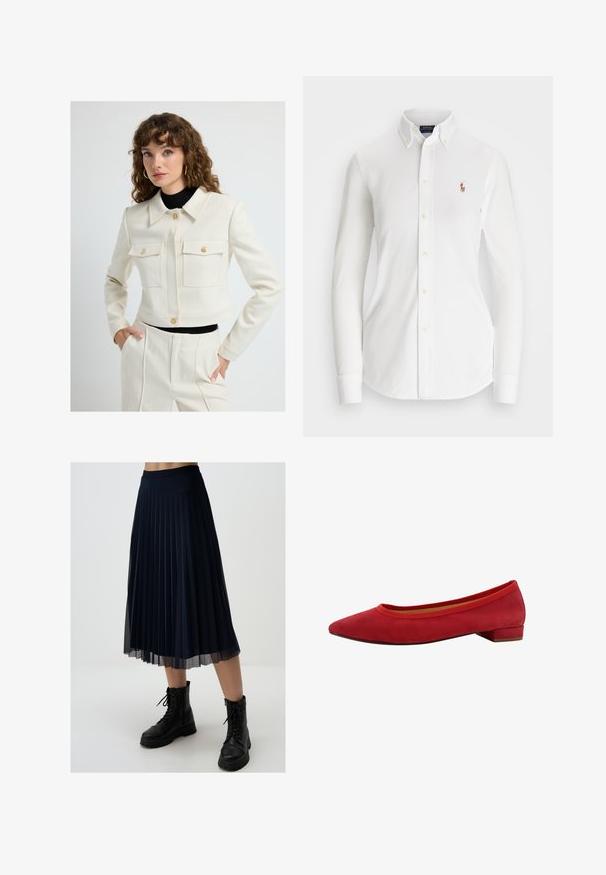 Gekürzter Cremefarben-Jacke mit zwei vorderen Taschen, goldenen Knöpfen und einem klassischen Kragen. Kombiniert mit hochgeschnittenen, maßgeschneiderten Hosen. Glatte Textur.; Weißes Langarm-Hemd mit Knöpfen und spitzem Kragen aus Baumwolle. Verfügt über ein kleines gesticktes Logo auf der linken Brust.; Marineblauer Faltenrock aus leichtem Stoff, mit mittellanger Länge bis zur Wadenmitte und einem enganliegenden Taillenbund, kombiniert mit schwarzen Kampfstiefeln.; Roter Ballettschuh aus Wildleder mit spitzer Zehenpartie, niedrigem Blockabsatz und elastischem Besatz rund um den Öffnungsrand. Glatte Textur mit elegantem Design.