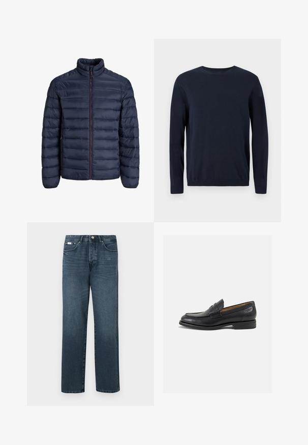 Ναυτική πούφτερ τζάκετ με καπιτονάτη σχεδίαση, ψηλό γιακά και μπροστινό φερμουάρ. Περιέχει έναν αντίθετο κόκκινο φερμουάρ και ελαστικά μανίκια. Μαλακή υφή.; Ναυτικό μπλε πλεκτό πουλόβερ με μακριά μανίκια, στρογγυλή λαιμόκοψη και ριμπ μανσέτες και στριφώματα. Διαθέτει ένα μικρό λογότυπο στο στήθος.; Σκούρα μπλε τζιν παντελόνια με ίσια γραμμή, πέντε τσέπες, θηλιές για ζώνη και φερμουάρ. Λείο υλικό με απαλές λεπτομέρειες ξεθωριάσματος.; Μαύρα δερμάτινα loafers με λείο φινίρισμα, στρογγυλή μύτη και διακοσμητική ραφή στη μπροστινή πλευρά. Χαμηλός σωρός και ελαφριά γυαλάδα.