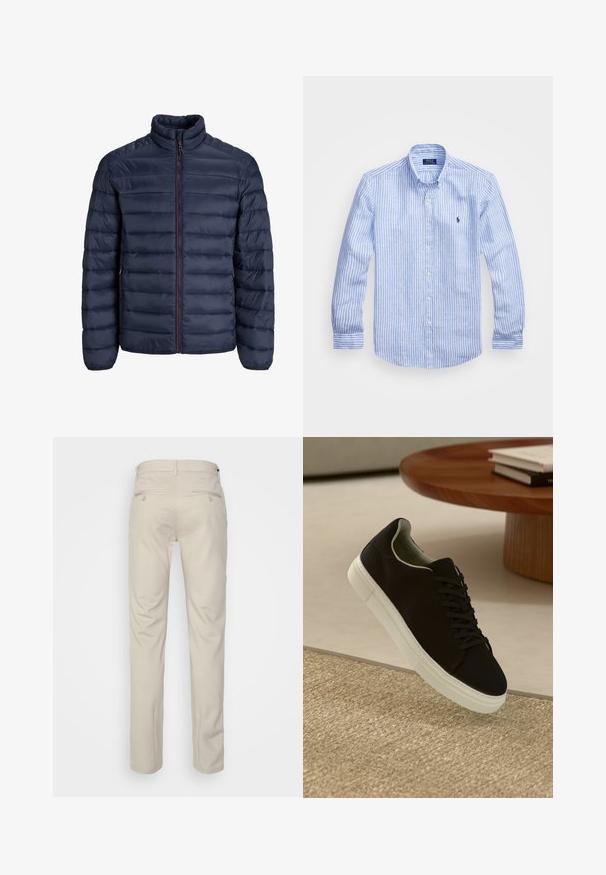 Jachetă puffer bleumarin cu design matlasat, guler înalt și fermoar frontal. Include un fermoar roșu contrastant și manșete elastice. Textură moale.; Cămașă cu dungi albastre și albe, cu mânecă lungă, fabricată din bumbac, având un guler cu nasturi, nasturi pe față și un mic logo brodat pe piept.; Pantaloni bej cu o textură netedă, croială dreaptă, două buzunare laterale cu nasturi și un brâu standard.; Pantof din material textil negru, cu talpă albă, plutind deasupra unui covor texturat bej, lângă o masă rotundă din lemn cu cărți stivuite.