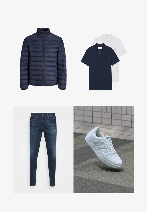 Tengerészek kék pufi dzseki tűzött kialakítással, magas gallérral és elöl cipzárral. Kontrasztos piros cipzárral és rugalmas mandzsettákkal rendelkezik. Puha tapintású.; Két pólóing: az egyik sötétkék, a másik fehér, mindkettőn kicsi piros, fehér és kék díszítés található a mellzsebből és a galléron.; Sötétkék farmernadrág, testhezálló fazonnal, finom áttűnéssel, öt zsebbel és fémből készült gombzárral. Kontrasztos színű varrási díszítések.; Fehér sportcipő sima bőr felsőrésszel, fűzős elülettel, perforált orral és mintázott talppal. Minimalista dizájn három oldalsávval.