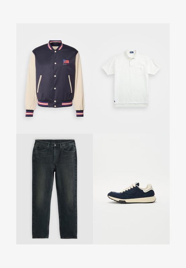 Tumed sinine ülikooli jakk kreemjate varrukatega, triibuline soonikkoht ja mansetid, brodüüritud logo ning nupud. Kaks küljetaskut.; Valge polo särk, mis on valmistatud puuvillast, klassikalise kraega, kolme nööbiga kinnitusega ja vasakul rinnal taskuga; väike logo helmel.; Tumed sinised denim teksad sirgete sääremõõtudega, viie tasku, lukuga ja kontrastsetes õmblustes. Kanga peal on õrn kulumine.; Tumesinine toss, millel on tekstuuriga seemisnahast ülemine osa, kreemjad paelad ja beež vaheosa. Omab klassikalist spordidisaini ja kummist tallat.