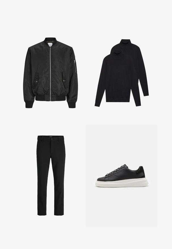 Černá bomber bunda vyrobená z hladkého materiálu, s předním zipem, žebrovanými manžetami a dvěma bočními kapsami se zapínáním na knoflíky.; Dvoje černých pletených svetrů s dlouhým rukávem a rolákem, jednoduchý vzor, naskládány tak, že jeden je mírně za druhým na bílém pozadí.; Černé kalhoty vyrobené z hladkého materiálu, s klasickým designem, rovný střih, přední zapínání na knoflík a boční kapsy.; Černé kožené tenisky s bílou gumovou podrážkou, mají ploché tkaničky a očička s logem. Jemná textura s kontrastním bočním akcentem.