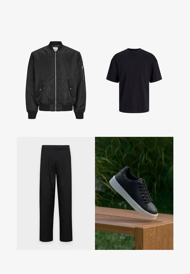 Black bomber jacket made of smooth fabric, featuring a zip front, ribbed cuffs, and two side pockets with button closures.; Black cotton t-shirt with a crew neckline, short sleeves, and a relaxed fit. Smooth texture and no visible patterns or accents.; Black trousers made of smooth fabric, featuring a straight-leg design, two front pleats, and standard waistband with belt loops.; Black leather sneaker with a smooth texture, white rubber sole, and six eyelets for laces, displayed on a wooden surface.