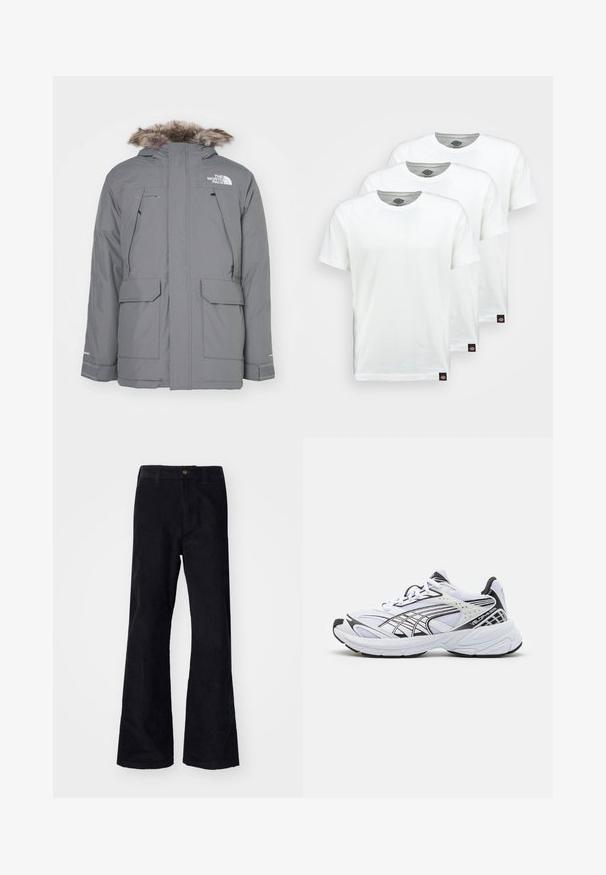 The North Face MURDO - Pūkinė striukė - smoked pearl; Trys paprasti balti medvilniniai marškiniai trumpomis rankovėmis. Kiekvienas marškinys turi apvalų kaklo iškirpimą ir mažą juodą logotipo etiketę kairėje pusėje.; Juodos, medvilninės platėjančios kelnės su tradicine juosmeniu, vienu priekyje esantį mygtuką ir kišenėmis šonuose ir gale. Lygus paviršius.; Baltas sportinis batelis su juodais akcentais. Tinklelis ir sintetinė viršutinė dalis, storas padas ir išlenktas dizainas. Yra raišteliai priekyje ir logotipo detalės.