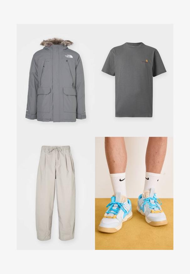 The North Face MURDO - Jachetă cu puf - smoked pearl; Tricou gri cu mânecă scurtă, fabricat din bumbac; are un logo subtil în portocaliu și bordou pe piept. Design basic cu guler rotund.; Pantaloni bej, ușori, cu talie elastică și șnur. Prezintă pliseuri și o croială lejeră, realizată dintr-un material moale și neted.; Tenisi de un albastru deschis cu talpă bej, având șireturi turcoaz proeminente și accente galbene. Materiale texturate și sistem de amortizare vizibil.