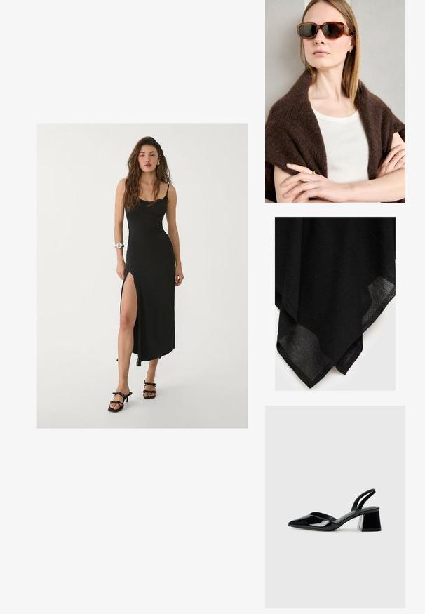 Črna šal iz mehkega, teksturiranega blaga s resastim robom. Gladka površina z rahlim sijajem, ki se odlikuje po lahkotnem in zračnem videzu.; Črna maxi obleka s tanjšimi naramnicami, stranskim razporkom, gladkim blagom in čipkastimi podrobnostmi. Obuta v črne sandale na peto.; Črne lakirane slingback pete s koničastim nosom in geometrijsko blokasto peto. Imajo eleganten, minimalističen dizajn in gladko teksturo.; Rjave žirafaste sončne očala z angularnimi okvirji, temnimi lečami in kovinskimi detajli. Nosi se jih z kremasto majico in temnim šalom.; Rumeno usnjeno-usnje z vzorcem krokodila, s strukturiranim dizajnom, zgornjo ročajem, snemljivo verižico in dekorativnim kristalnim okrasjem na zaponki.