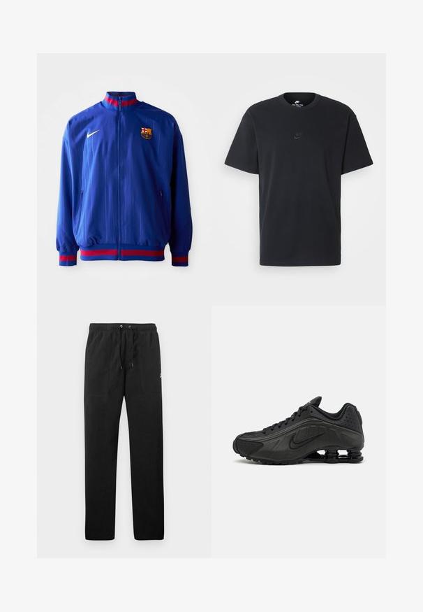 Mėlynas "Nike" sportinis švarkas su vertikaliomis juostelėmis, aukštu apykakle ir raudonais bei mėlynais akcentais. Yra kišenės su užtrauktukais ir klubo logotipas.; Juodas medvilninis Nike marškinėliai su klasikinėmis apykaklėmis, trumpomis rankovėmis ir subtiliu, įspaustu logotipu ant krūtinės. Sklandus tekstūra.; Juodos vilnonės kelnės su elastiniu juosmeniu ir raišteliais, dviem priekinėmis kišenėmis ir maža slogo ant šlaunies.; Juodi bėgimo bateliai su lygiu sintetiniu paviršiumi, perforuotomis detalėmis, tekstūruotais šonų skydeliais ir išskirtiniu elastingu padu.