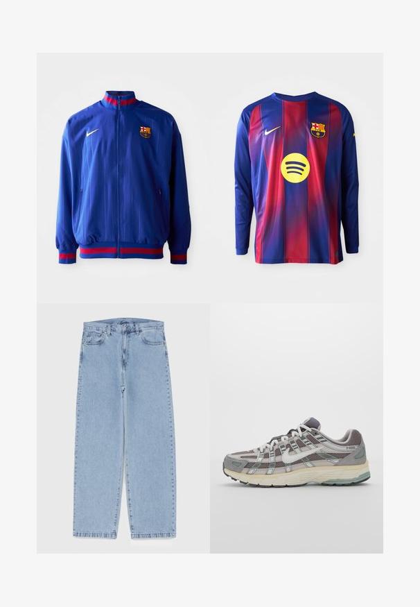 Blaue Nike-Trainingsjacke mit vertikalen Nadelstreifen, hohem Kragen und roten sowie blauen Akzenten. Verfügt über Reißverschlusstaschen und das Vereinslogo.; Langärmliges Fußballtrikot mit blauen und roten vertikalen Streifen, Nike-Logo, Barcelona-Wappen und einem runden Spotify-Logo in der Mitte.; Hellblaue Jeans aus Denim mit geradem Bein, ausgestattet mit einer mittelhohen Taille, fünf Taschen sowie einem Knopf- und Reißverschluss.; Grauer Sportschuh mit einem Obermaterial aus Mesh und Wildleder, weißen Akzenten, einer gepolsterten Sohle und einem charakteristischen Design mit reflektierenden Elementen.