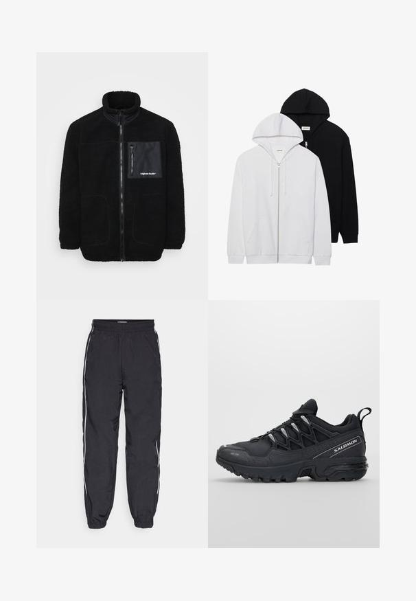 Juodas vilnonis švarkas su aukštu apykakle, užtrauktuku priekyje, krūtinės kišene ir dviem šoninėmis kišenėmis. Dėllygumo kontrastingi audiniai ir siuvinėjimo detalės.; Dušiniu užtrauktuku užsegamos dvi liemenės juodos ir baltos spalvos, su reguliuojamomis kapišonų virvutėmis, kengūrų kišenėmis, įliemenuotais rankogaliais ir minkštos tekstūros medžiaga.; Trys paprastos marškinėlių rinkinys juodos, baltos ir šviesiai pilkos spalvos. Trumpomis rankovėmis, apvaliu kaklu, pagaminti iš lygaus medvilninio audinio. Matomas prekės ženklas.; Juodos treniruočių kelnės, pagamintos iš lengvos medžiagos, su elastingu juosmeniu, siaurėjančiomis kojomis ir baltomis šoninėmis juostelėmis.; Juodi sportiniai bateliai su tinklelio viršumi, guminėmis išorinėmis dalimis ir atspindinčiomis detalėmis. Savybės: paminkštinta pado konstrukcija ir raištelių užsegimo dizainas.