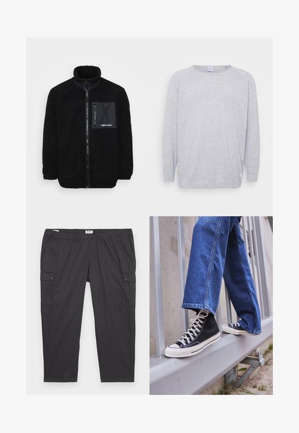 Black fleece jacket with a high collar, zip front, chest pocket, and two side pockets. Features smooth fabric accents and stitched detailing.; Light gray sweater with long sleeves, round neckline, and textured knit. Features a subtle speckled pattern and a small tag at the hem.; Black cargo pants with an elastic waistband, side pockets, and snap button accents. Made of lightweight, smooth fabric.; Black high-top sneakers with white sole and laces, paired with loose blue denim jeans, resting on a gray railing.