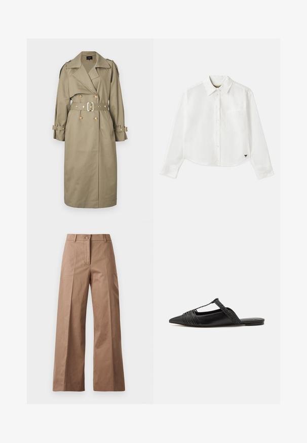 Maje GREENA - Trenchcoat - kaki; Vit kortärmad skjorta med lång ärm i bomull. Har en knapp-up framsida, en bröstficka och en liten svart logotyp längst ner till vänster.; Bruna vida byxor i ett slätt tyg, med knappstängning fram, två framfickor och rena, skräddarsydda linjer.; Svart läderslingback-sko med spetsig tå, med en vävd detalj och plisserad överdel. Platt sula med minimal hårdvara.