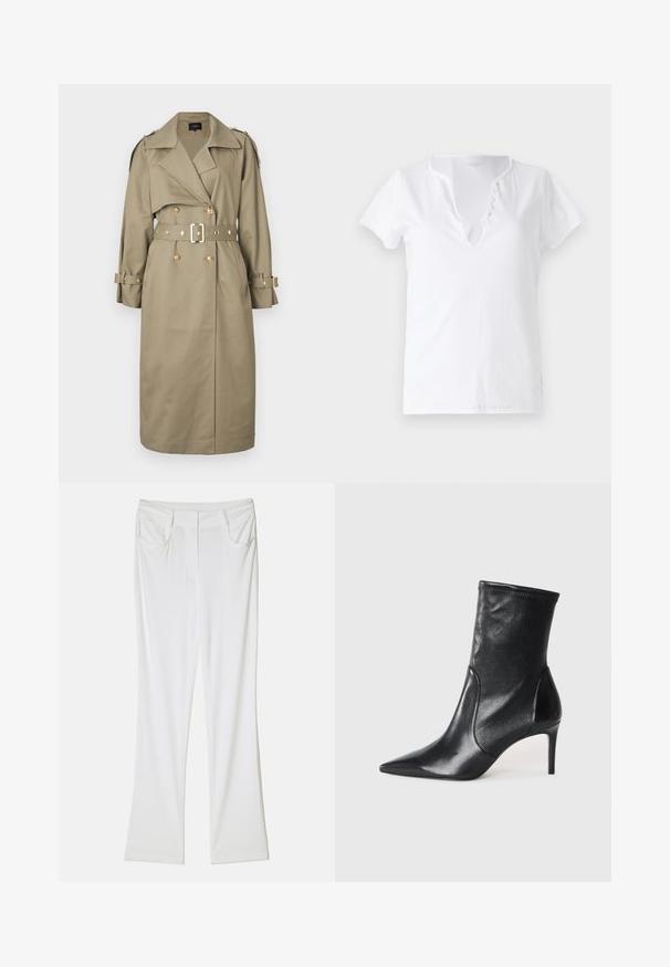 Maje GREENA - Šineļveida mētelis - kaki; Balta kokvilnas T-kreklis ar īsām piedurknēm, brīvpiekļuve, un V-veida kakla izgriezums ar piecām dekoratīvām pogām.; Baltas izplūdušas bikses ar gludu auduma struktūru, kas aprīkotas ar divām priekšējām kabatām un šūtu jostu, lai nodrošinātu pieguļošu izskatu.; Melnas potītes zābakus, kas izgatavoti no gludas ādas, ar norādītu purngaliņu, pieguļošu kāju un šauru augstu papēdi. Minimalistisks dizains bez redzamiem aksesuāriem.